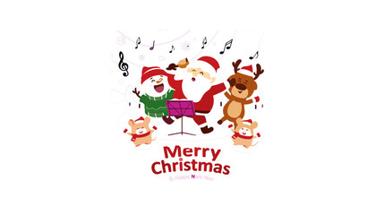 Fototapeta premium Merry Christmas greeting card illustration featuring Santa Claus snowman reindeer and little mice singing carols together with musical notes decoration.