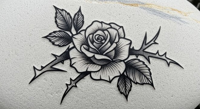 Black ink rose tattoo with thorns and dotwork shading on white stone surface