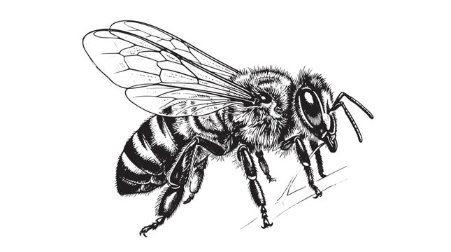 Vintage honey bee illustration, hand drawn bumblebee sketch, detailed black and white insect vector, biological honeybee drawing isolated on White Background