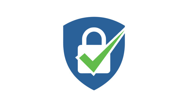 Blue security shield with a white padlock and green checkmark represents safe protection and cybersecurity.