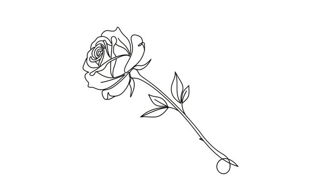 Minimalist single continuous line drawing of a rose flower with stem and leaves on white background