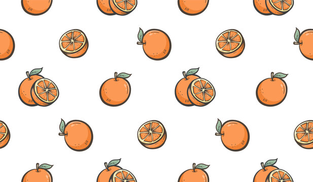 Orange fruit doodle background. Fruit slices doodle pattern. Tangerine pattern background. Seamless pattern of fresh fruits with citrous, tangerine, and orange slices.