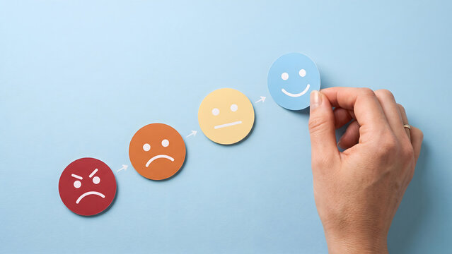 Hand changing customer satisfaction rating from angry to happy face emotion evaluation scale