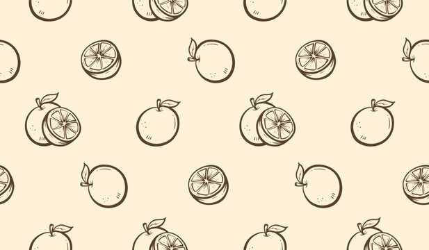 Orange fruit doodle background. Fruit slices doodle pattern. Tangerine pattern background. Seamless pattern of fresh fruits with citrous, tangerine, and orange slices.