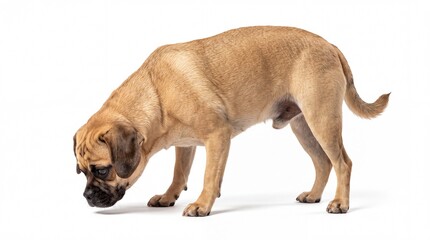 Obraz premium Curious Puggle Dog Sniffing Ground on White Background