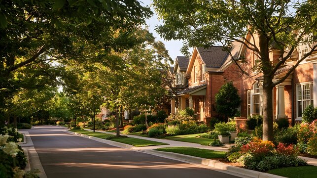 Peaceful Suburban Neighborhood Street with Beautiful Houses Green Trees and Landscaped Gardens Residential Community Real Estate Family Living Property Development and Comfortable Lifestyle Concept