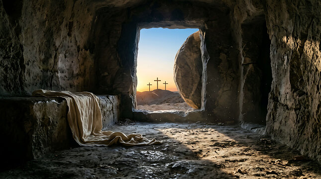 Empty tomb of Jesus Christ with burial shroud and three crosses at sunrise