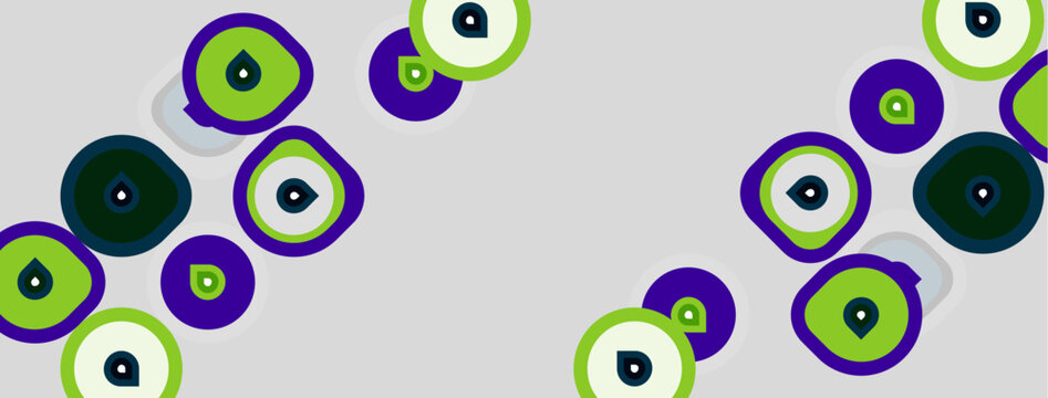 Abstract pattern features overlapping circles, green, purple hues. Simple design creates playful, modern aesthetic. Background is light gray.