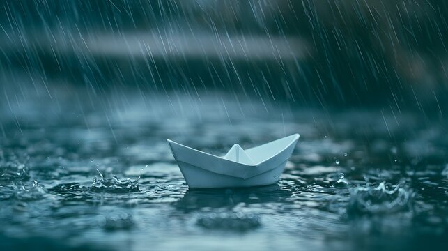 Small Paper Boat Floating in Rainwater During Heavy Rain Symbolizing Hope Childhood Imagination Journey Resilience Loneliness Monsoon Weather and Emotional Concept