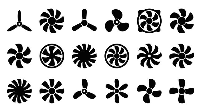 Vector illustration of set of fan and propeller vector icons on a transparent background