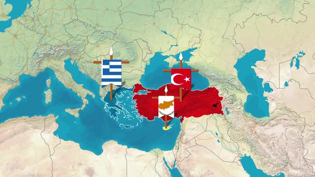 Animated map showing political relations between Greece, Turkey, and Cyprus video footage