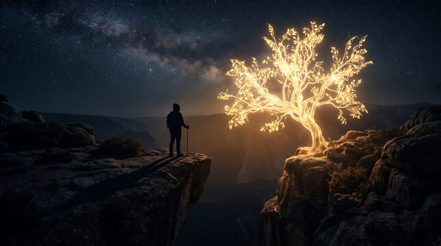 A silhouette of a hiker standing on a cliff edge looking at a glowing magical golden tree under the starry night sky