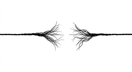 Silhouette of a frayed thin black rope breaking in the middle on white background © Aef