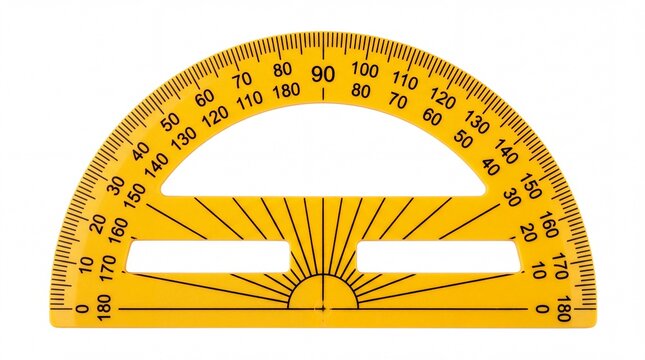 Yellow plastic protractor tool for measuring geometric angles in engineering class studies on white background