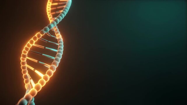 Glowing DNA Double Helix Rotating in Dark Lab With Copy Space