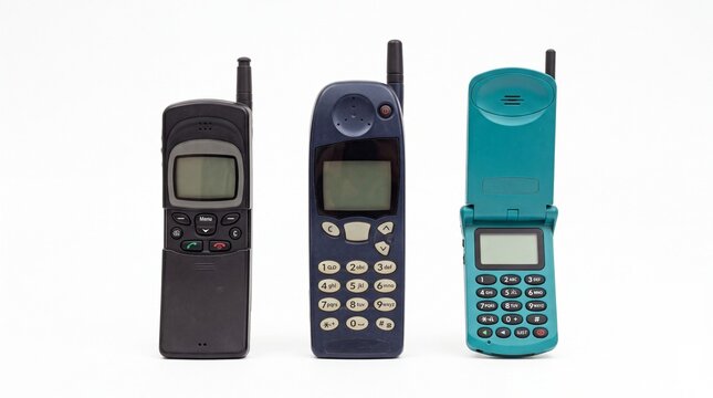 Three vintage mobile phones standing upright showing classic button layouts arranged together on white background