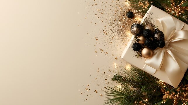 Luxury Christmas Gift Box with Gold Black Ornaments Pine Branches and Sparkling Confetti on Beige Background Elegant Holiday Present Festive Decoration New Year Celebration and Copy Space