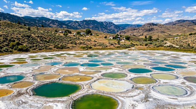 High angle aerial view of colorful mineral pools at Spotted Lake surrounded by dry hills.