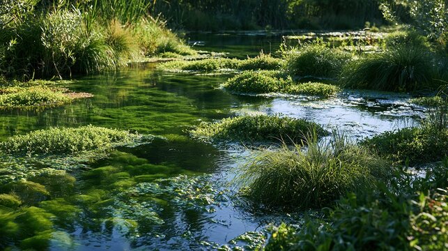 Urban ecological wetland reserve,clear water area,lush aquatic green plants,no extra debris,simple natural environmental empty shot