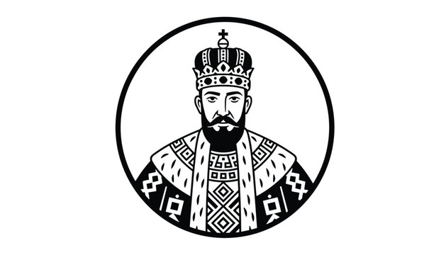 Monochromatic circular portrait of a medieval russian king or tsar wearing crown and ornate royal garments.