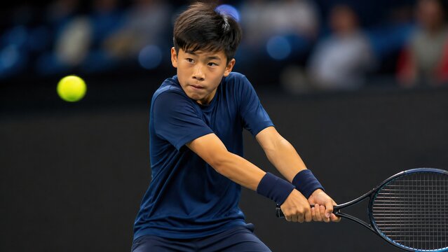 Asian boy playing tennis with racket on indoor court. Child athlete hitting ball during match. Junior sport, active lifestyle, childhood physical training and exercise concept.
