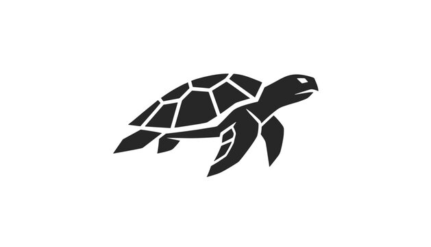 Minimalist sea turtle black silhouette swimming gracefully on isolated white background representing ocean wildlife.