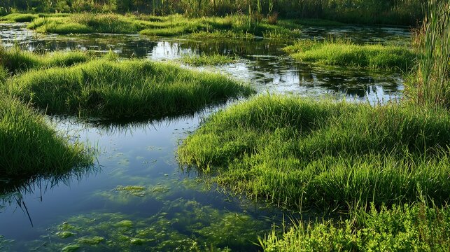 Urban ecological wetland reserve,clear water area,lush aquatic green plants,no extra debris,simple natural environmental empty shot