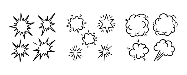 Hand drawn comic explosion bursts, starbursts, boom flashes, and smoke cloud effects isolated on white background for pop art illustrations and stickers. © Fazlerabbi