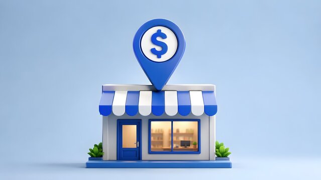 3D render of small business storefront with blue dollar sign location pin representing local retail shop and commercial real estate