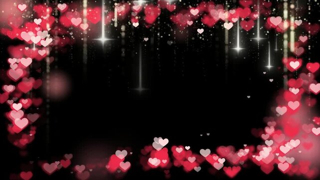 Festive red hearts border with falling glitter and light streaks on black background with video festive border composed numerous red pink heart shapes