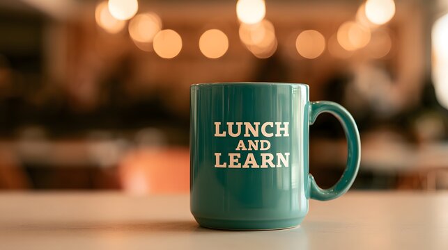 Lunch and Learn Coffee Mug on Table in Corporate Office Professional Development Workshop Business Training Seminar Workplace Education Networking Meeting and Employee Learning Concept