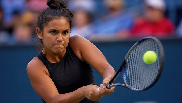 Woman tennis player hitting backhand shot during match on court. Focused athlete with racket and ball in action. Professional sport competition and healthy active lifestyle concept.
