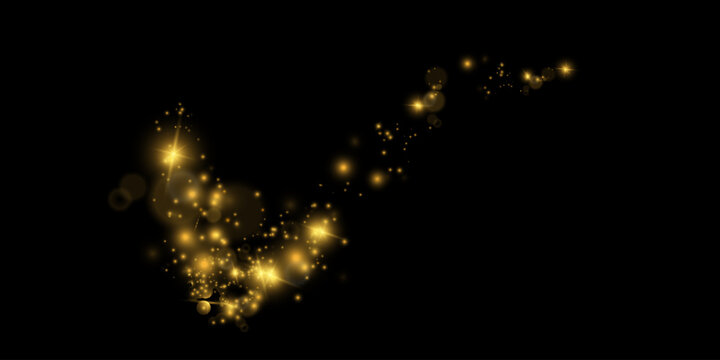 Golden Glitter Wave with Glowing Stars and Sparkling Particles on Black Background.