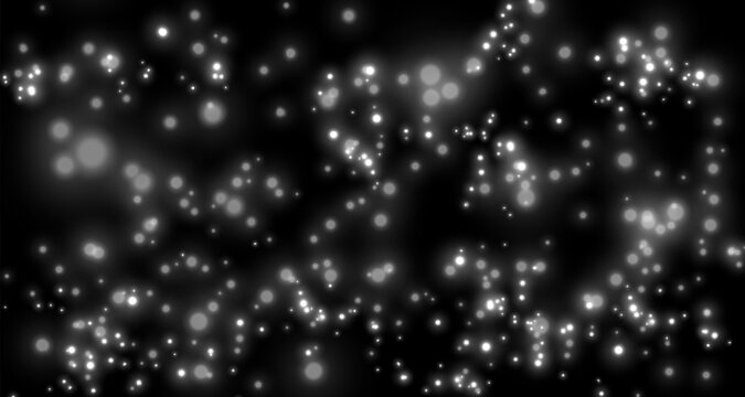 Dense white Glitter with Glowing Particles and Soft Bokeh Lights on Black Background