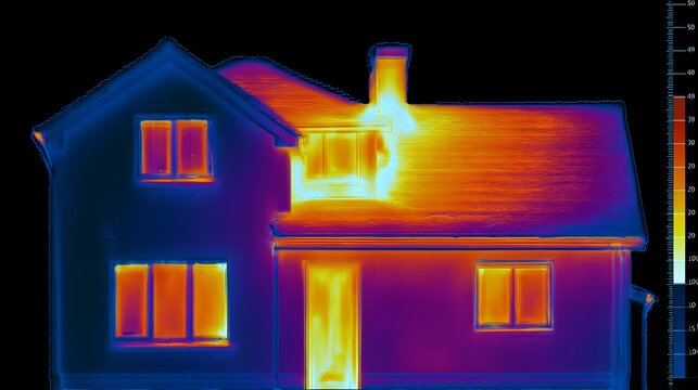 Thermal Imaging of House Showing Heat Loss and Energy Efficiency Problems Infrared Home Inspection Building Insulation Analysis Heating Leakage Energy Audit and Property Maintenance Concept