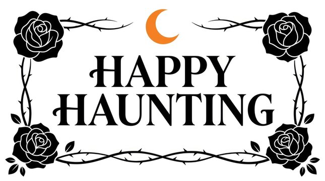 A delightful vintage style halloween greeting featuring floral accents and a crescent moon wishing everyone a happy haunting