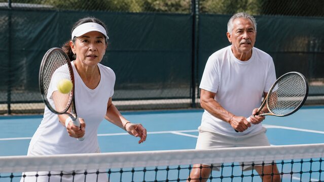 Senior asian woman hitting ball with racket while mature man standing behind on tennis court. Older couple playing doubles. Active lifestyle and healthy aging concept.