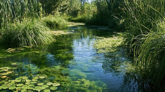Urban ecological wetland reserve,clear water area,lush aquatic green plants,no extra debris,simple natural environmental empty shot