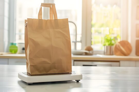 Einkaufst&uuml;te auf Waage als Symbol f&uuml;r steigende Lebensmittelpreise und Lebenshaltungskosten