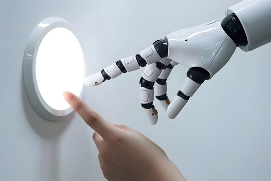 Mensch und Roboter dr&uuml;cken gemeinsam einen Knopf als Symbol f&uuml;r Kontrolle &uuml;ber k&uuml;nstliche Intelligenz