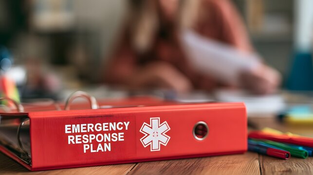 Emergency Response Plan Binder on Office Desk with Medical Symbol Workplace Safety Preparedness Crisis Management Disaster Planning First Aid Procedures and Business Emergency Protocol