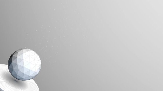 Perfect infinite loop of a white, faceted 3D sphere slowly rotating on a clean, neutral grey gradient. Floating dust particles create a calm, quiet, and elegant atmosphere for corporate, tech