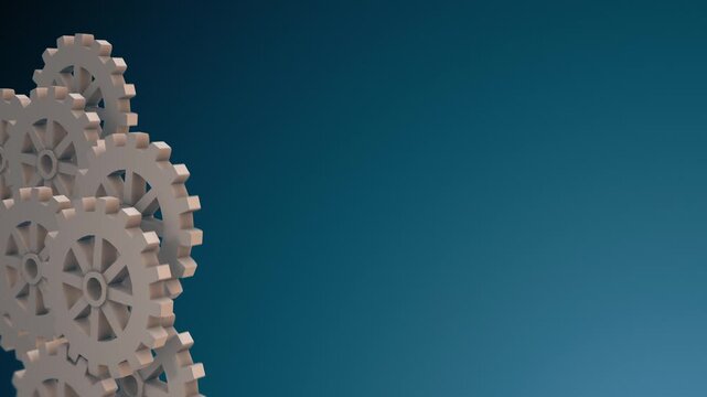 Perfect infinite loop animation of synchronized metallic 3D gears on a dark blue background with glowing particles. Futuristic motion graphics for technology, engineering, and industry intros