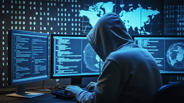 Cybersecurity specialist working at computer with digital code and world map