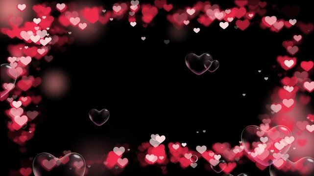 Romantic heart bubbles floating on black background with soft light with video romantic dreamy scene numerous red pink heart shapes