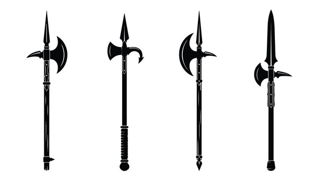 Medieval halberd and polearm silhouette set displays various axe blade and spearhead designs on tall shafts isolated against a plain white background.