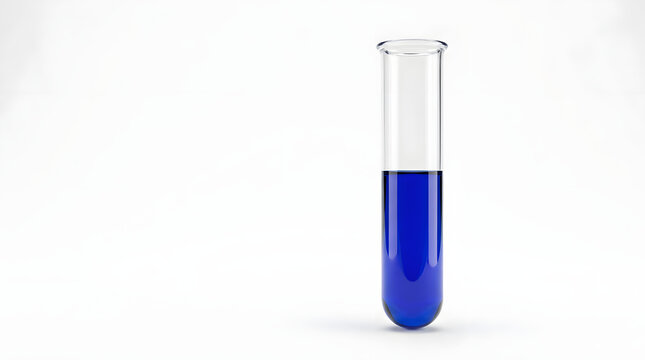 Clear glass test tube filled with vibrant blue chemical liquid reactant for scientific research experiments conducted by professionals in laboratory settings to discover medical breakthroughs