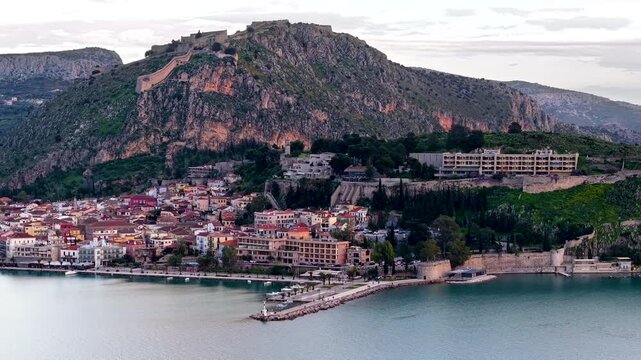 Aerial of Nafplio Old Town, Waterfront And Fortifications In Peloponnese, Greece