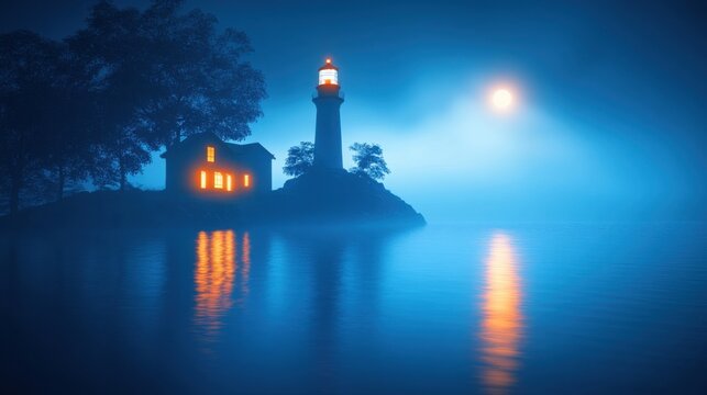 As the sun sets, a lighthouse shines brightly, guiding ships along the rugged coastline while the calm waters reflect the golden hues of twilight.