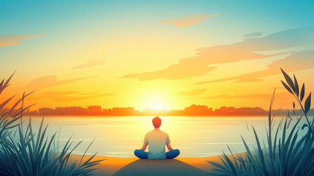 A man sitting on the shore of a lake at sunrise, looking at the calm water, his pose reflects deep calmness and concentration on the present moment